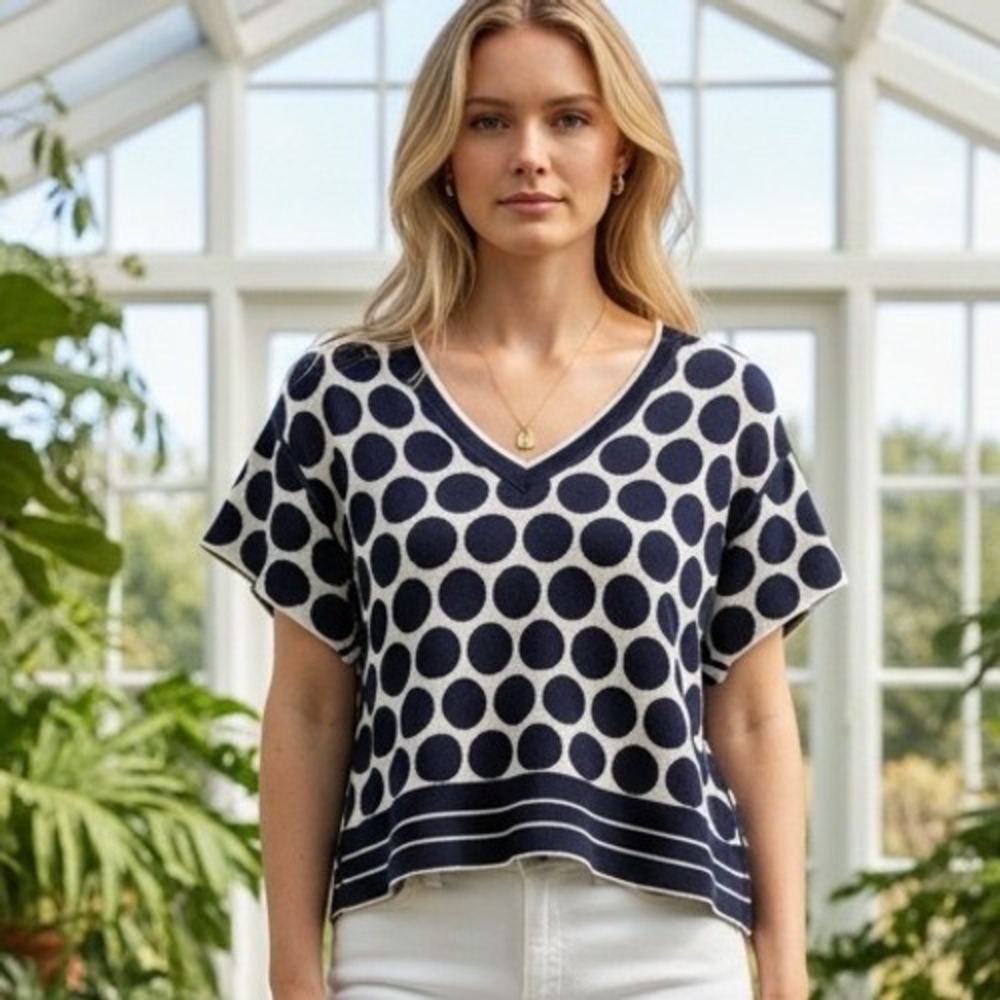Cabi Navy White Polka Dot V-Neck Short Sleeve Cotton Knit Sweater Top Preppy XS